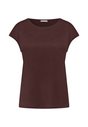T-shirt marron à manches courtes pour femme avec col rond, coupe régulière et petite étiquette à l'intérieur de l'encolure.