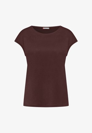 Bruine dames T-shirt met korte mouwen, ronde hals, normale pasvorm en een klein labeltje aan de binnenkant van de hals.