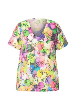V-hals t-shirt met een kleurrijk schedelmuster in levendige tinten van roze, groen, geel en paars, met korte mouwen en een ontspannen pasvorm.