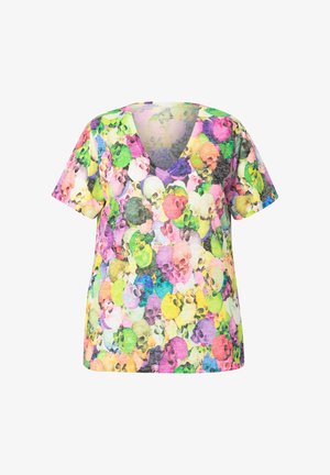 V-hals t-shirt met een kleurrijk schedelmuster in levendige tinten van roze, groen, geel en paars, met korte mouwen en een ontspannen pasvorm.