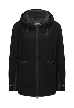 Black hooded jacket with a quilted black lining, front zipper, and two zippered pockets. Features adjustable drawstrings on the hood.