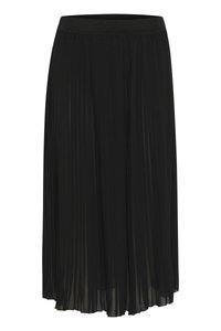 Mustmustrikkidega must seelik, elastse vöökoha ja kerge materjaliga, millel on vertikaalsed voldid üle kogu pikkuse.