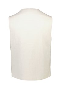 Weißes ärmelloses Oberteil mit rundem Ausschnitt und einem glatten, strukturierten Stoff. Schlichtes, minimalistisches Design mit geradem Rückenschnitt.
