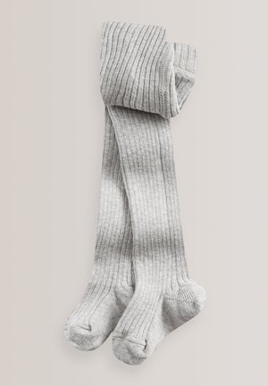 Collant grigi a coste con una texture morbida, caratterizzati da una finitura liscia e punte arrotondate. Piegati ordinatamente per la esposizione, mostrando la loro lunghezza e design.