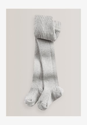 Collant grigi a coste con una texture morbida, caratterizzati da una finitura liscia e punte arrotondate. Piegati ordinatamente per la esposizione, mostrando la loro lunghezza e design.