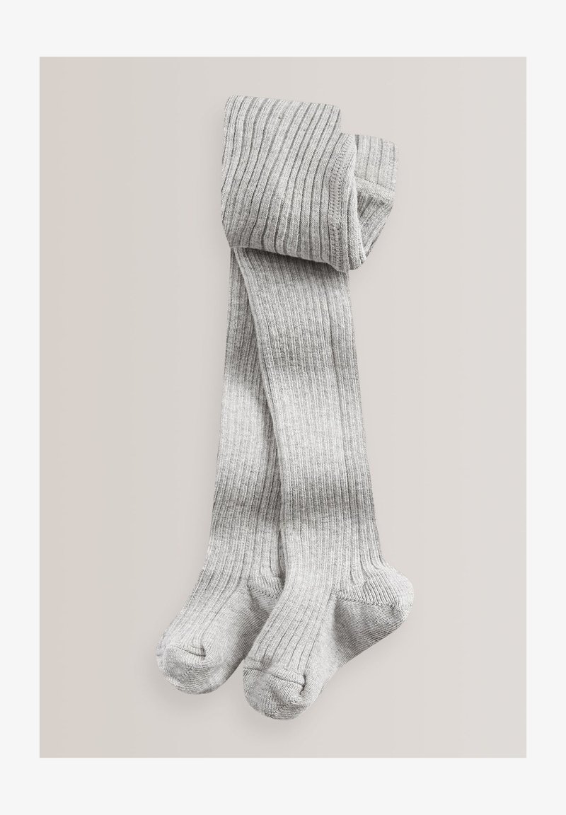 Grau gestreifte Strumpfhosen mit einer weichen Textur, die eine glatte Oberfläche und abgerundete Zehen aufweisen. Sorgfältig gefaltet zur Präsentation, um ihre Länge und ihr Design zu zeigen.