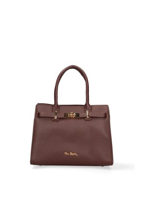 Borsa a mano in pelle marrone con un design strutturato, texture liscia, doppi manici e un accento in metallo color oro sul davanti.
