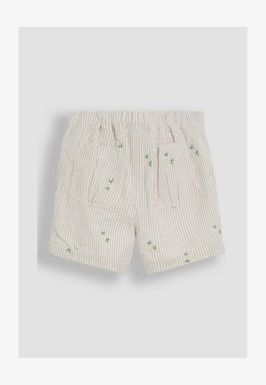 Csíkos bézs rövidnadrág zöld virágos hímzéssel, ráncolt derékkal és két elülső zsebbel. Pamut anyag, felgöngyölt szegély.