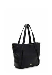 Czarna skórzana torba typu tote z podwójnymi uchwytami, o konstrukcyjnym kształcie, teksturowanej powierzchni, zamknięciu na zamek u góry oraz złotych akcentach metalowych.