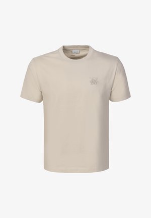 Beiges T-Shirt mit kurzen Ärmeln und Rundhalsausschnitt, mit kleinem, dezent besticktem Logo auf der linken Brust.