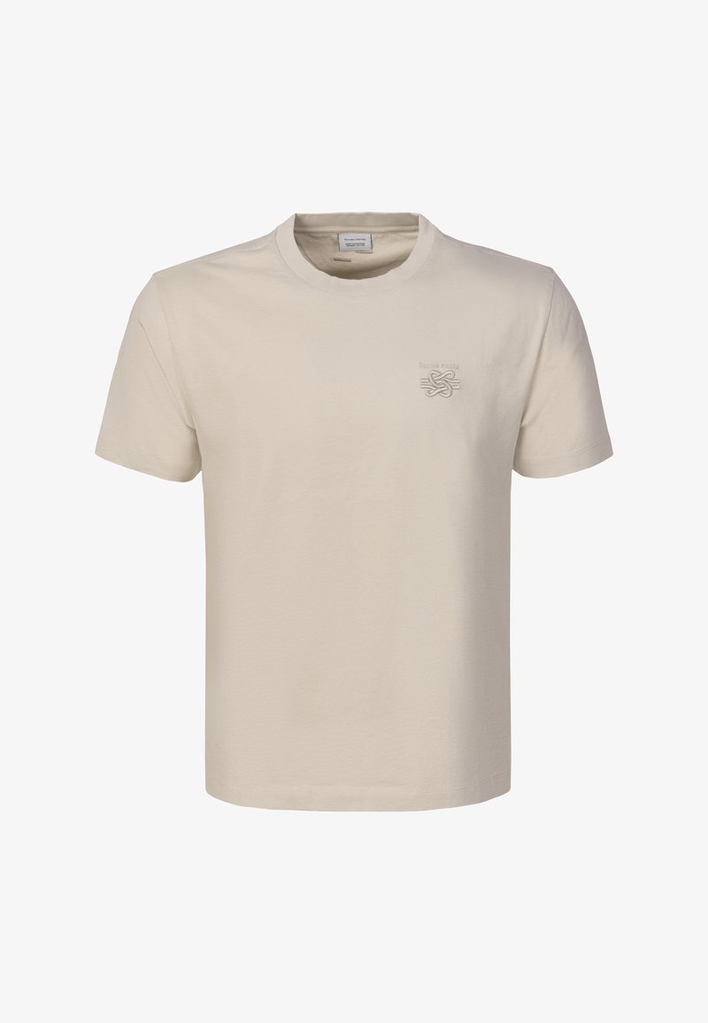 Beiges T-Shirt mit kurzen Ärmeln und Rundhalsausschnitt, mit kleinem, dezent besticktem Logo auf der linken Brust.