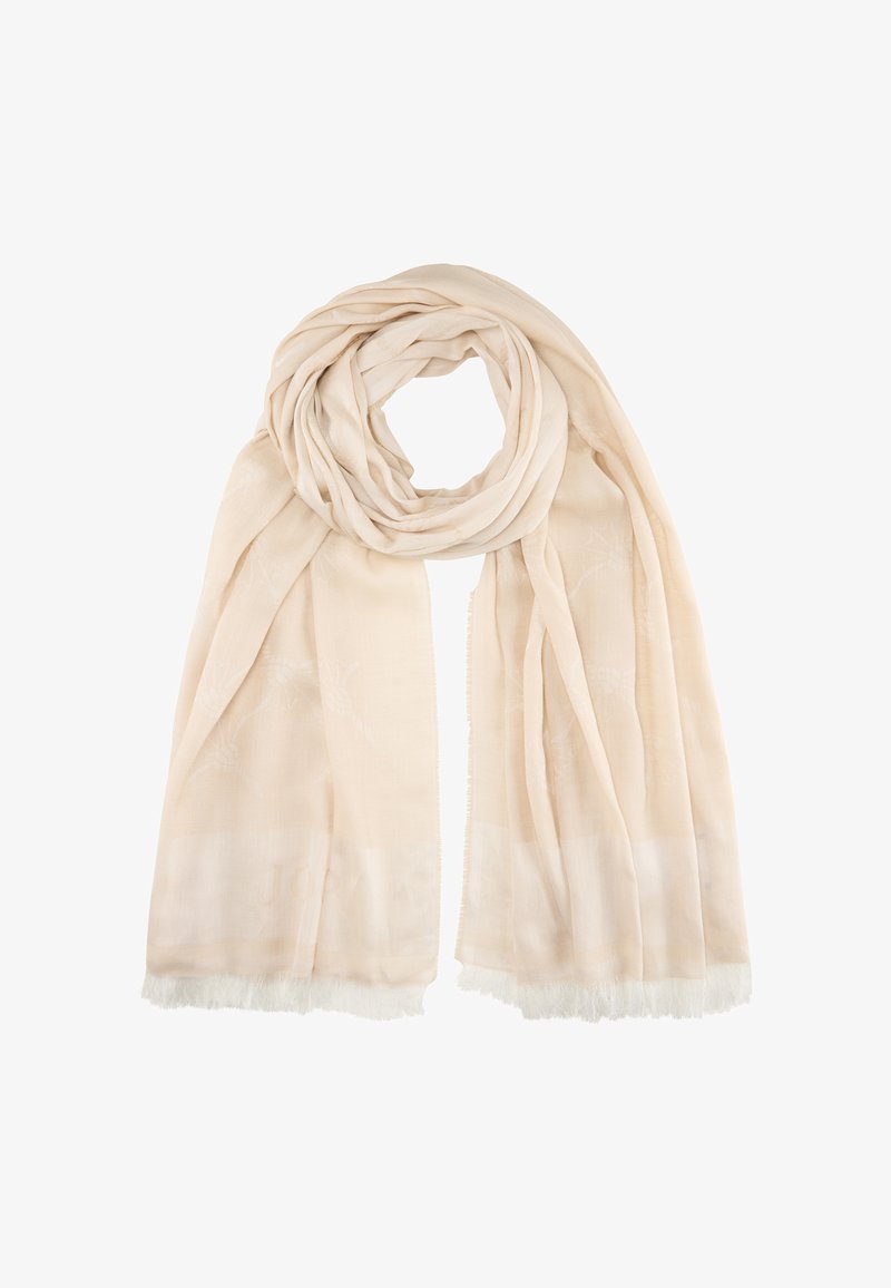 Beige scarf made of lightweight fabric, featuring a subtle textured pattern and fringed edges, draped in a looped formation.