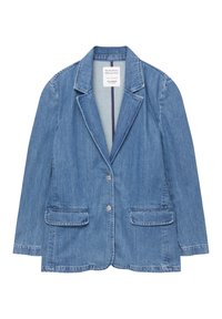 Denim blazer in light blue. Features a notched lapel, two front pockets, and two button closures. Has a smooth texture and structured shape.