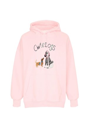Lyserød hættetrøje med forlompe, med to broderede hunde og teksten "Cute Dogs" ovenover.
