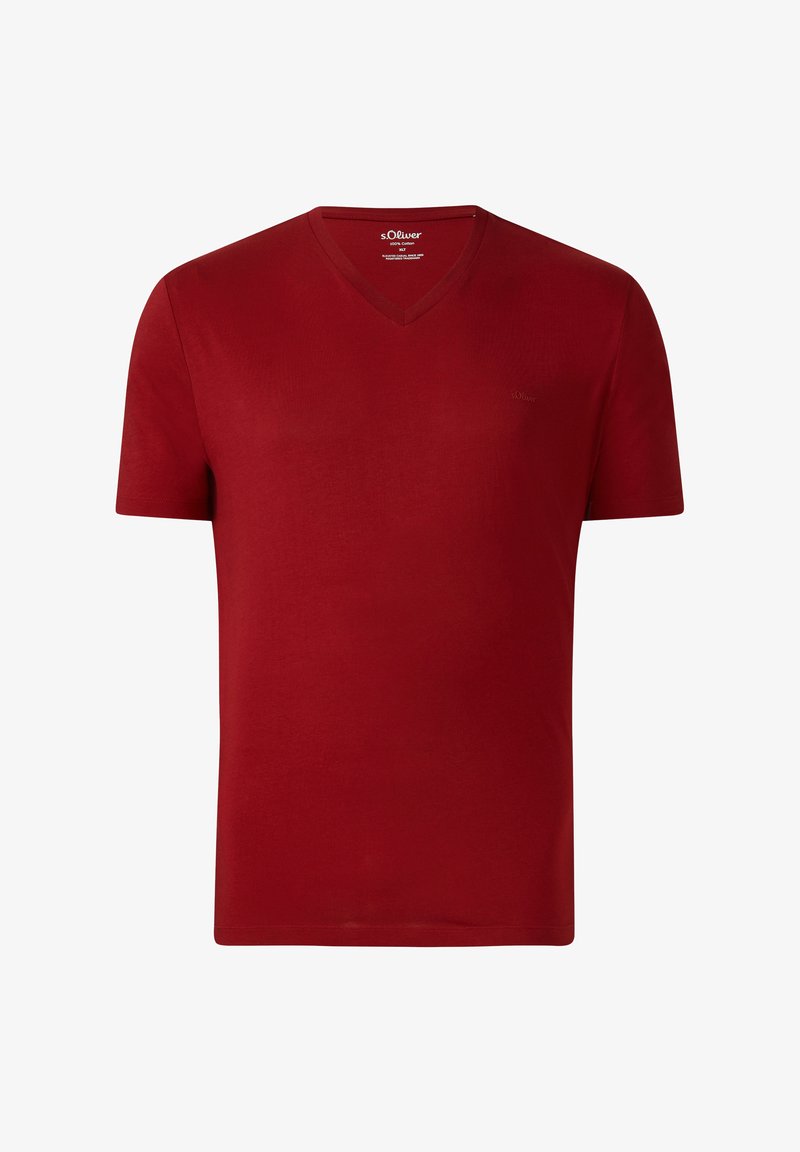 Rode V-hals T-shirt van zacht materiaal, met korte mouwen en een eenvoudig ontwerp met een klein merkembleem op de linkervoordel.