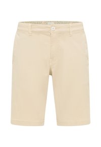 Shorts beiges en mélange de coton, avec une fermeture à bouton, deux poches latérales et une coupe droite avec un ourlet net. La ceinture intérieure présente un motif.