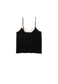 Top in raso nero con spalline regolabili, caratterizzato da uno strato interno di colore chiaro e una vestibilità rilassata, realizzato in tessuto morbido con una superficie liscia.