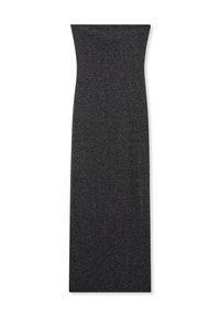 Abito nero aderente con una texture liscia e una leggera lucentezza. Presenta un collo alto e una silhouette lunga e slanciata.