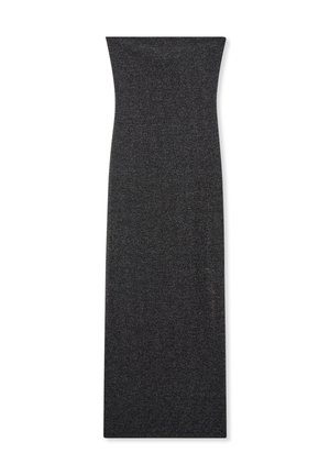 Czarna, dopasowana sukienka o gładkiej strukturze i delikatnym połysku. Posiada wysoką szyję oraz długą, smukłą sylwetkę.
