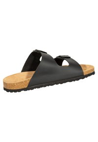 Black leather slide sandal with two adjustable straps. Features a cork footbed and rubber outsole with textured tread for grip.