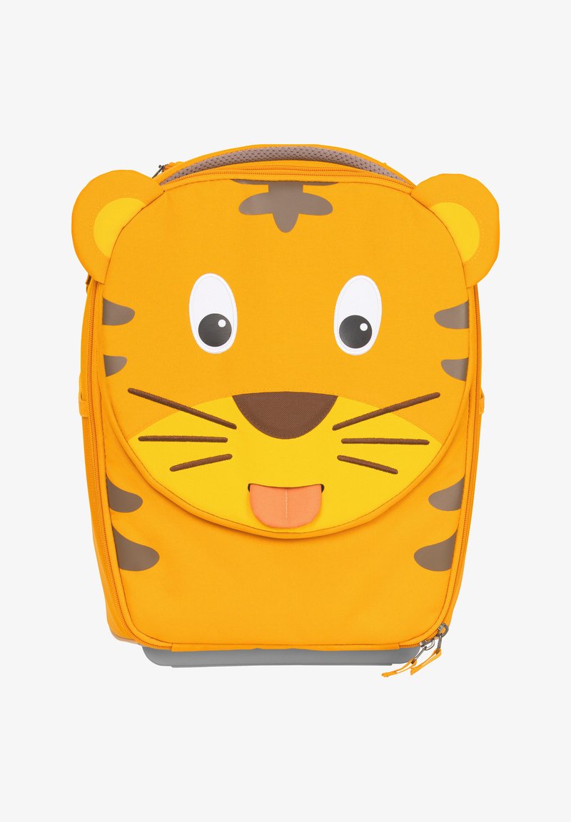 Yellow tiger-themed backpack features a large face design, with prominent black stripes, gray accents, and cartoon-style eyes and mouth.