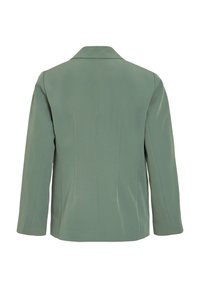 Blazer verde con una texture liscia, colletto a ribalta e maniche lunghe. Presenta cuciture orizzontali sul retro per una vestibilità su misura.