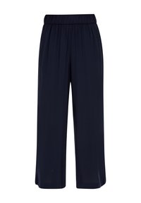 Pantalon bleu marine à jambes larges avec ceinture élastique, coupe ample et tissu lisse.
