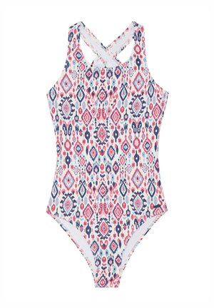 Eénstuk zwemkleding met een kruislings rugontwerp, voorzien van een kleurrijk geometrisch patroon in roze, blauw en marineblauw op een witte achtergrond.