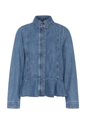 Jeansjacke in Hellblau mit einem Peplumsaum, spitzem Kragen und vorderem Knopfverschluss. Mit sichtbaren Nähten und langen Ärmeln.