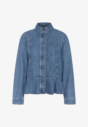 Lysblå denimjakke med peplumnederdel, spids krave og knaplukning fortil. Har synlige sting og lange ærmer.