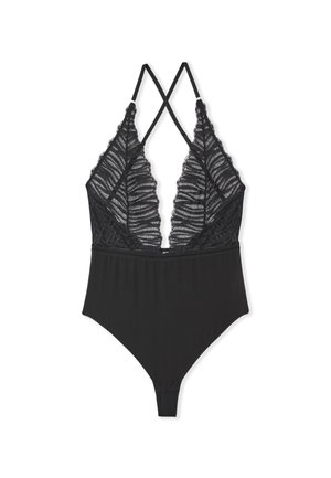 Black lace bodysuit featuring a plunging neckline, ruffled trim, and crisscross straps. Smooth lower section with thong cut.