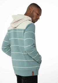 Teal pullover hoodie met een crèmekleurig gestreept patroon, voorzien van een crèmekleurige capuchon en geribde manchetten. Inclusief een logo-label aan de zoom.
