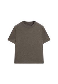 Short-sleeve t-shirt in dark olive green, made of soft cotton blend, featuring a crew neckline and a relaxed, boxy fit.