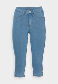 Modré džínové capri kalhoty s klasickým střihem, pětipočetným designem kapes a předním zapínáním na knoflíky. Vyznačují se jemným prošitím a detailem lemování.