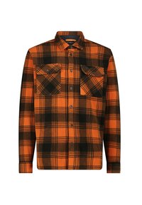 Orange og sort ternet skjorte med lange ærmer, to brystlommer og knaplukning. Fremstillet af et blødt, struktureret stof.