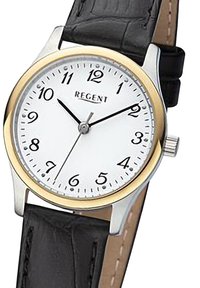 Montre ronde avec un cadran blanc, aiguilles des heures et des minutes noires, lunette dorée et bracelet en cuir noir texturé. Chiffres indiqués sur le cadran.