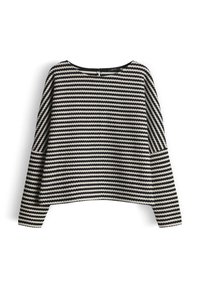 Maglione a righe nere e crema con una forma squadrata, maniche larghe e scollo rotondo. Design minimalista, texture morbida e lavorata a maglia.