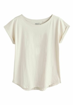 Kurzärmeliges T-Shirt in Cremefarbe mit rundem Ausschnitt und umgeschlagenen Ärmelsäumen, auf weißem Hintergrund dargestellt.