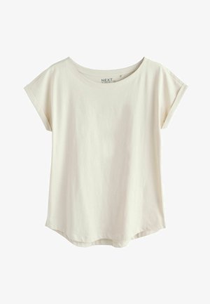 Krém színű, rövid ujjú póló kerek nyakkivágással és hajtott ujjvégekkel, fehér háttéren bemutatva.