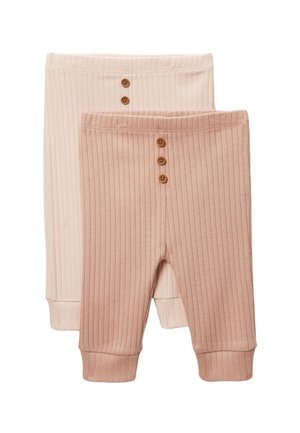 Deux paires de leggings bébé côtelés en beige clair et rose poudré, chacun avec des boutons en bois sur la ceinture avant.