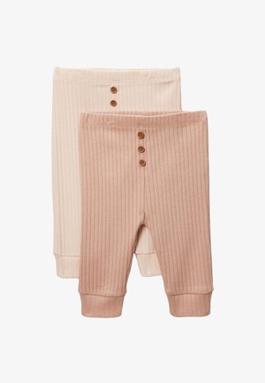 Deux paires de leggings bébé côtelés en beige clair et rose poudré, chacun avec des boutons en bois sur la ceinture avant.