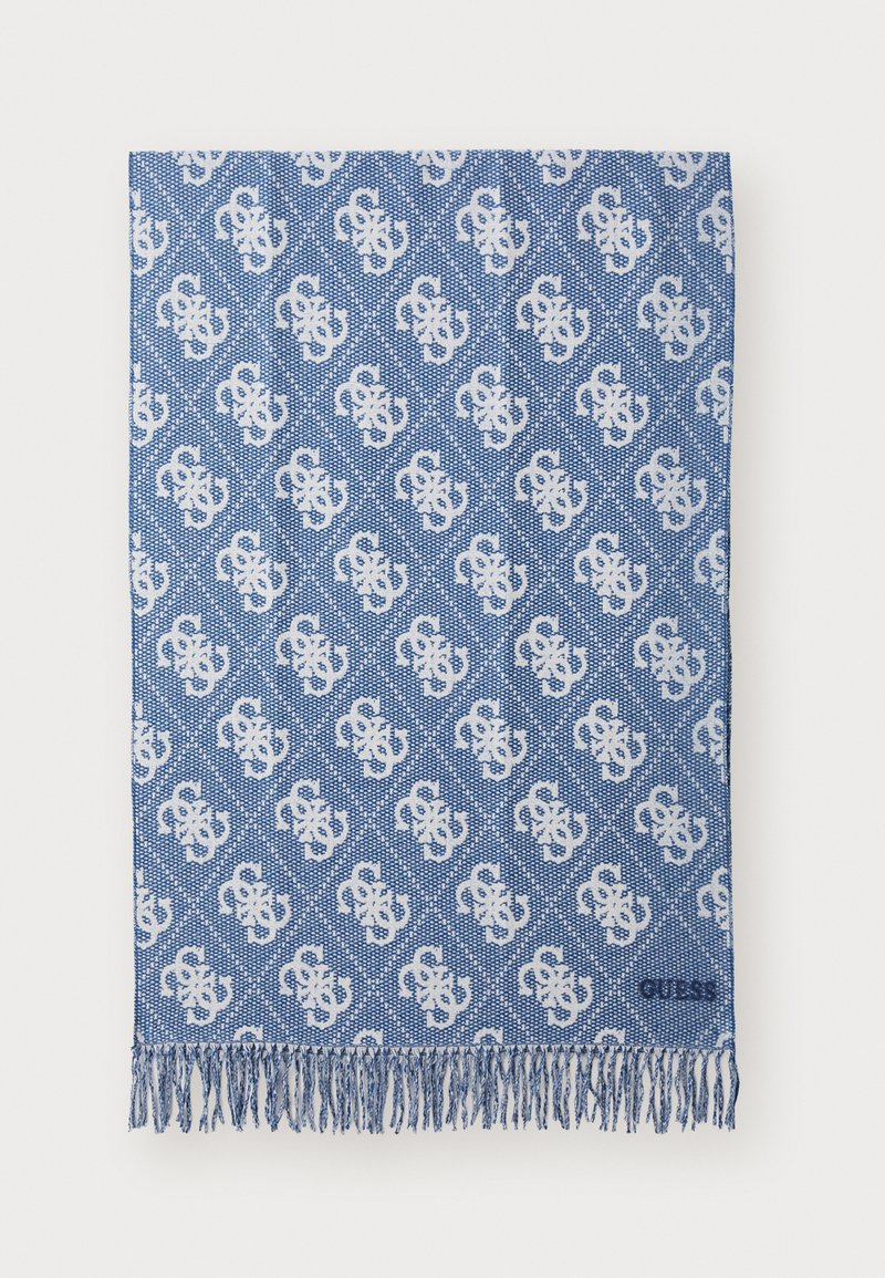 Blå vävd scarf med ett vitt logomönster, avslutad med fransar vid kanterna och med en strukturerad tygdesign.