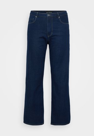 Mørkeblå denimjeans med en rettskåret design, med glidelås, fem lommer og synlige sømdetaljer.
