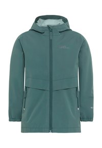 Giacca impermeabile turchese con cappuccio, chiusura con zip completa, due tasche frontali e polsini elasticizzati. Presenta il logo del marchio sul petto.