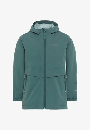 Teal waterdichte jas met capuchon, voorzien van een rits aan de voorkant, twee zakken en elastische manchetten. Lichtgewicht, gladde stof met logodetail.