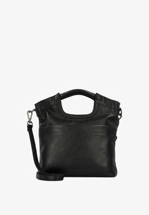 Borsa a mano in pelle nera con una texture liscia, dotata di un manico corto e di una tracolla rimovibile. Design minimalista con una tasca posteriore.