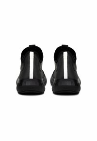 Black athletic shoes with a sleek design, featuring a white vertical stripe on the back and textured black soles.