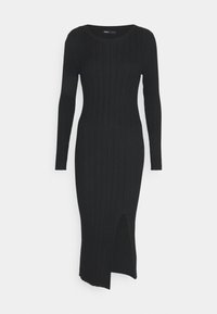 Abito a maglia nera a coste con maniche lunghe, scollo rotondo e uno spacco laterale. Il tessuto texturizzato crea linee verticali lungo tutta la lunghezza.