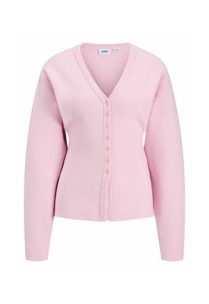 Šviesiai rožinis ilgomis rankovėmis V formos iškirptės kardiganas su septyniais mažais priekiniais mygtukais ir gofruotais apvadais ant rankogalių bei iškirptės.