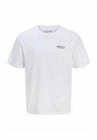 Hvid bomulds T-shirt med korte ærmer, rund halsudskæring og grøn tekstgrafik, der står "NATURE'S WORK OF ART." Enkel, klassisk design.